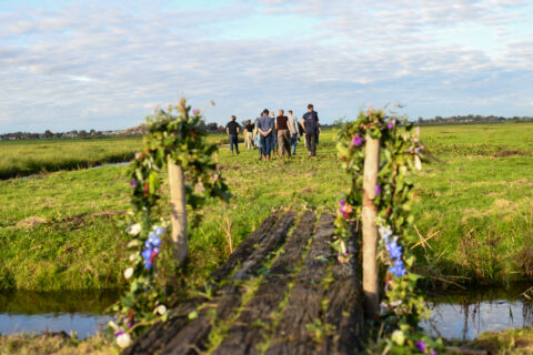 Mensen lopen over een bloemenbrug naar een open grasveld met helderblauwe lucht.