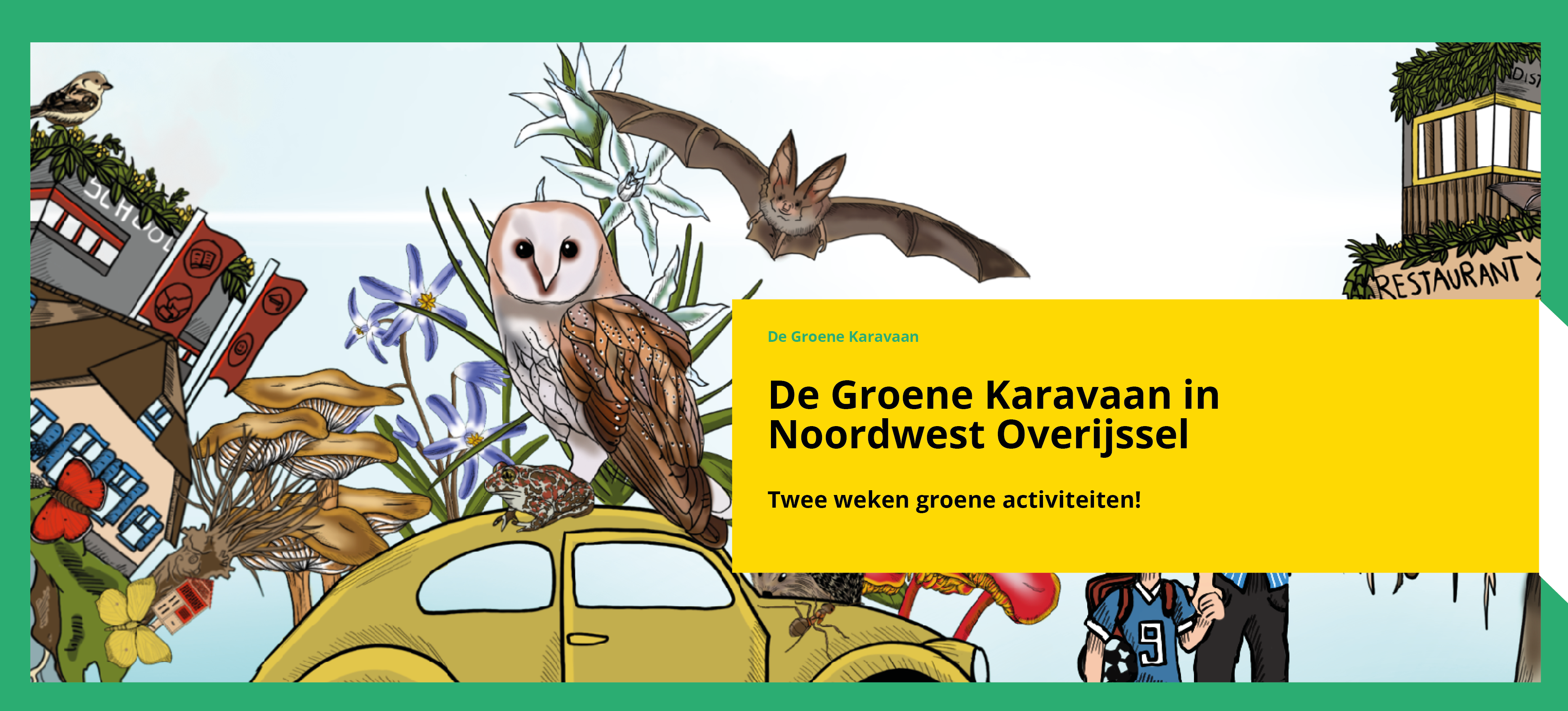 Illustratie met een uil, vleermuis en tekst over "De Groene Karavaan" in Noordwest Overijssel.