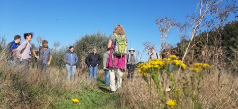 Groep mensen wandelt in natuurgebied met wilde bloemen onder heldere blauwe hemel.