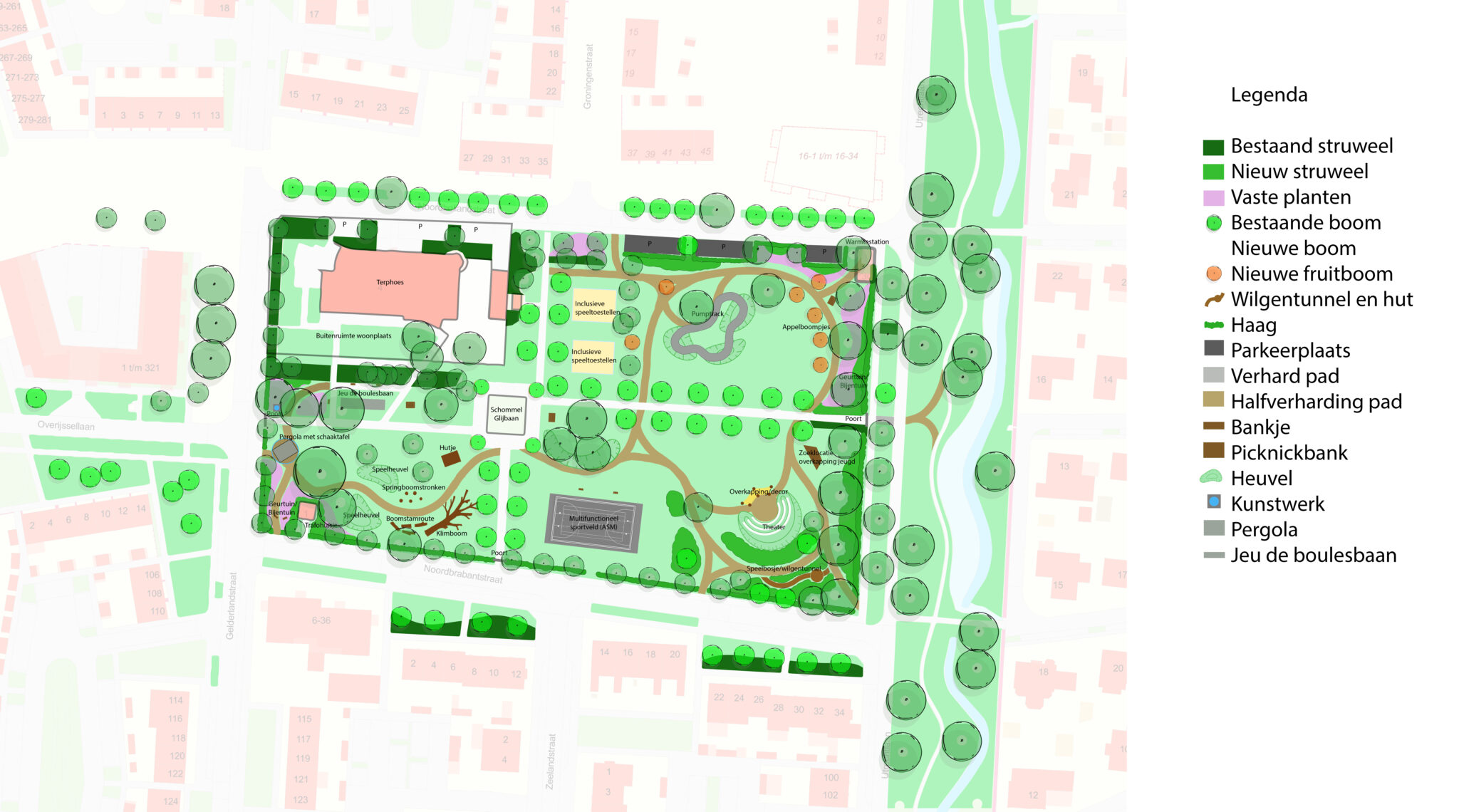 Plattegrond van een park met groen, speeltoestellen, paden en legenda met symbolen en kleuren.