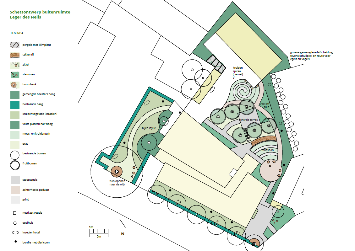 Plattegrond van een tuinontwerp met zitplekken, plantenbedden en een bijenidylle.