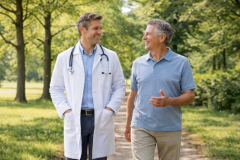 Dokter en patiënt wandelen al pratend in een groen park.
