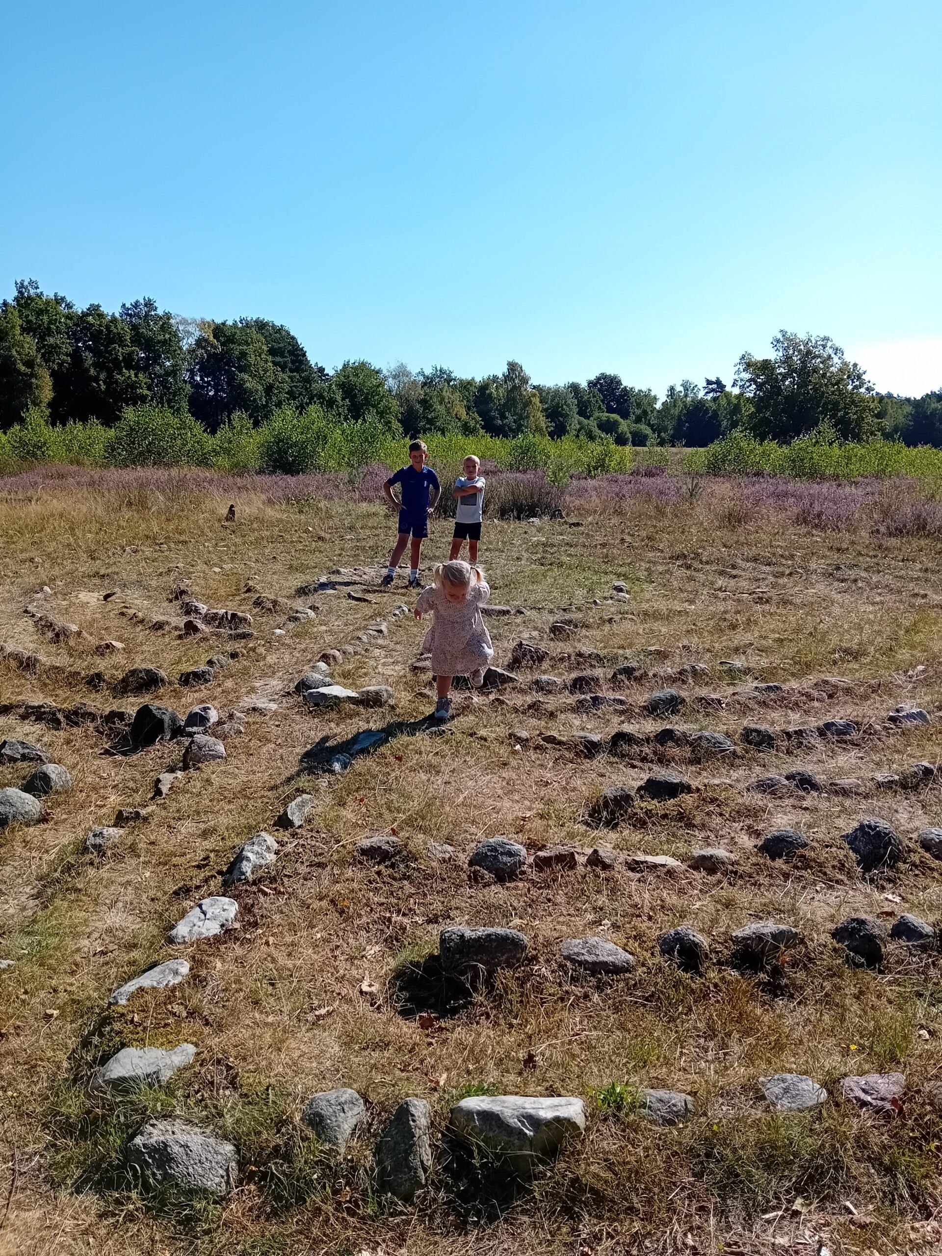 Drie kinderen spelen in een steencirkel op een open veld met bomen op de achtergrond.