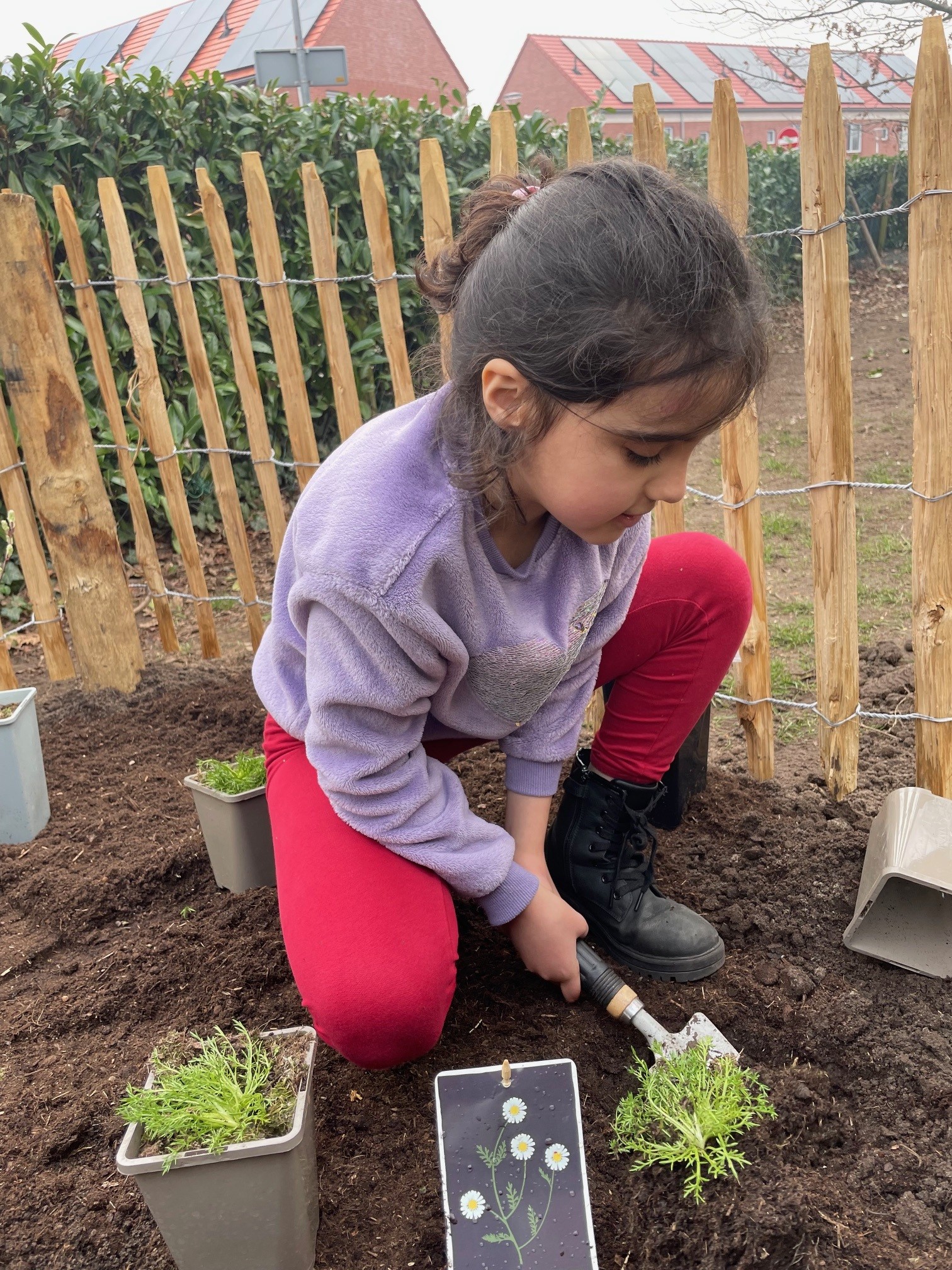 Kind plant bloemen in de tuin met een schep, naast een houten hek.