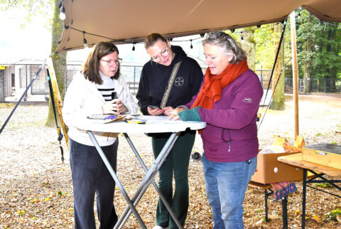 Drie vrouwen overleggen buiten bij een statafel onder een afdak met bomen op de achtergrond.