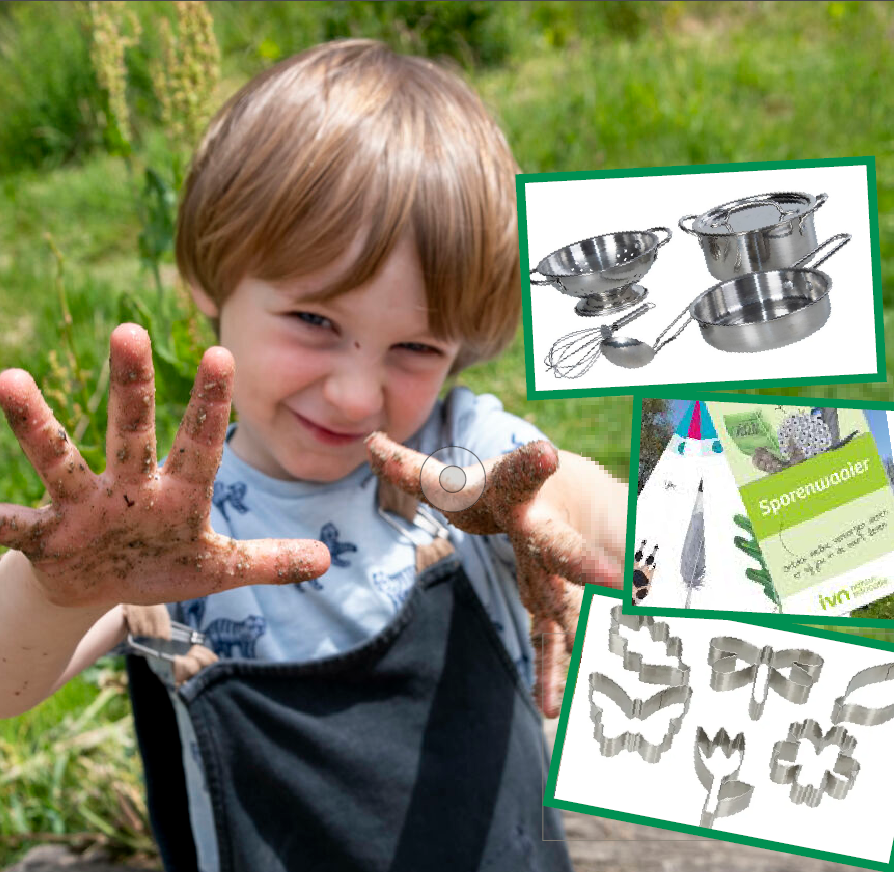 Kind met vuile handen glimlacht; collage toont keukengerei, natuurboek en koekvormpjes.
