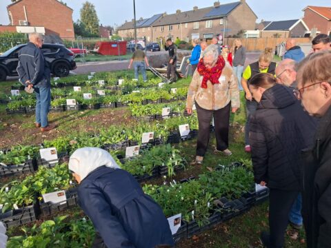 Een groep mensen bewondert planten in een buitenmarkt met kweekbakken en informatiebordjes.