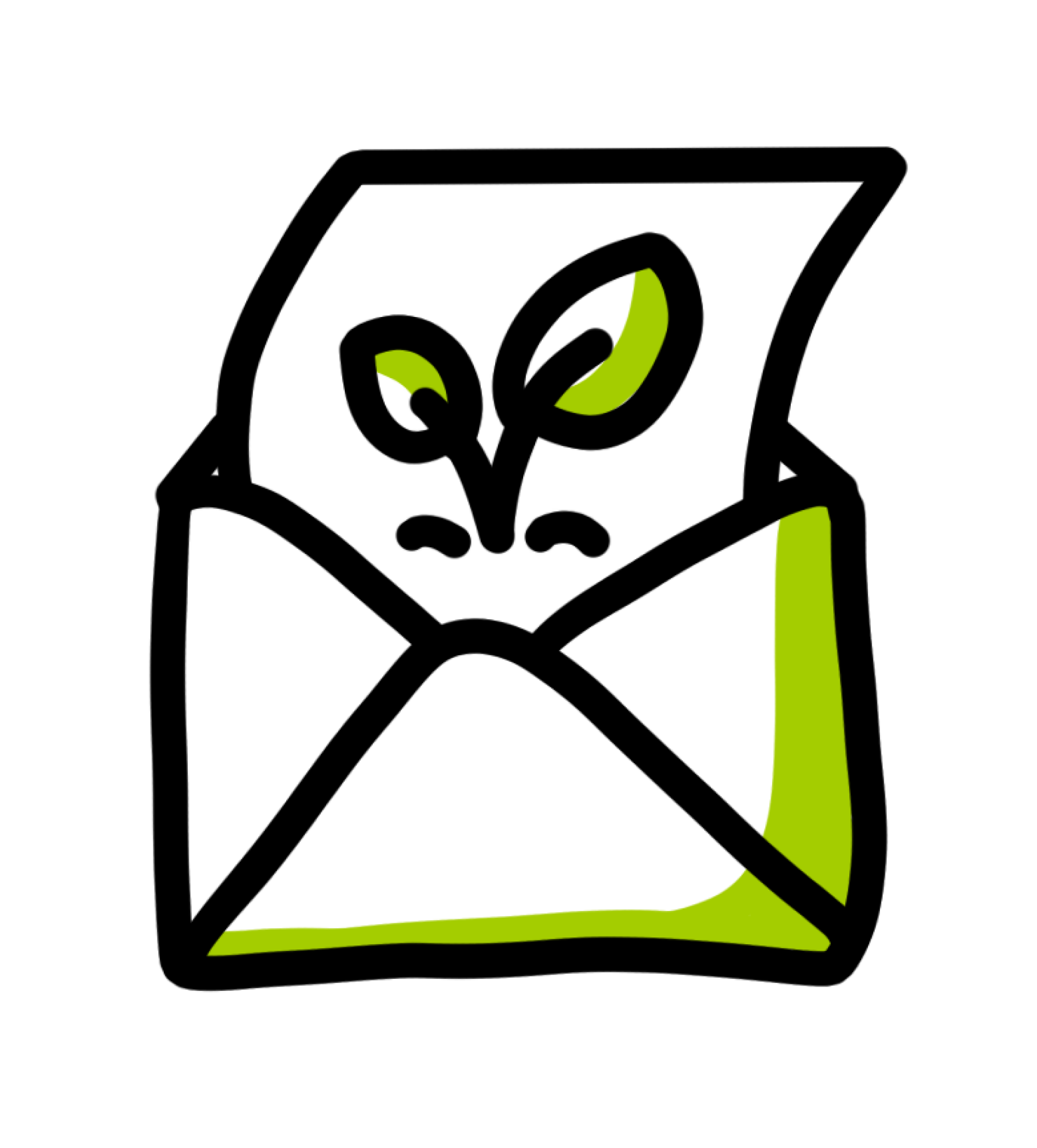 Een groene envelop met een brief en een tekening van blaadjes.