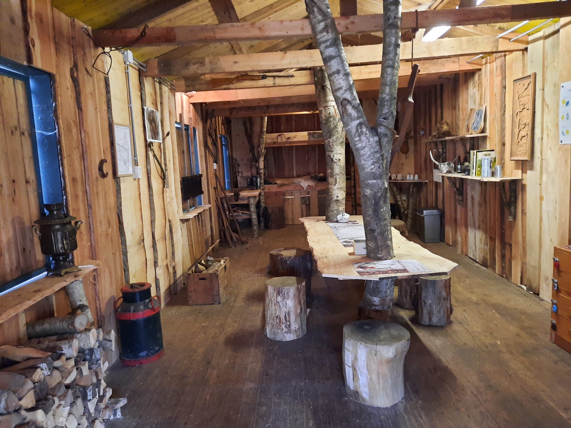 Houten interieur met boomstamtafels, een boom in het midden, en rustieke decoraties.