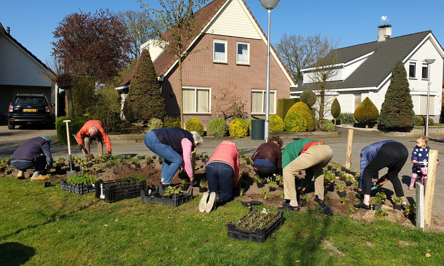 Mensen planten planten in een tuin voor een huis op een zonnige dag. Een kind kijkt toe op een fiets.