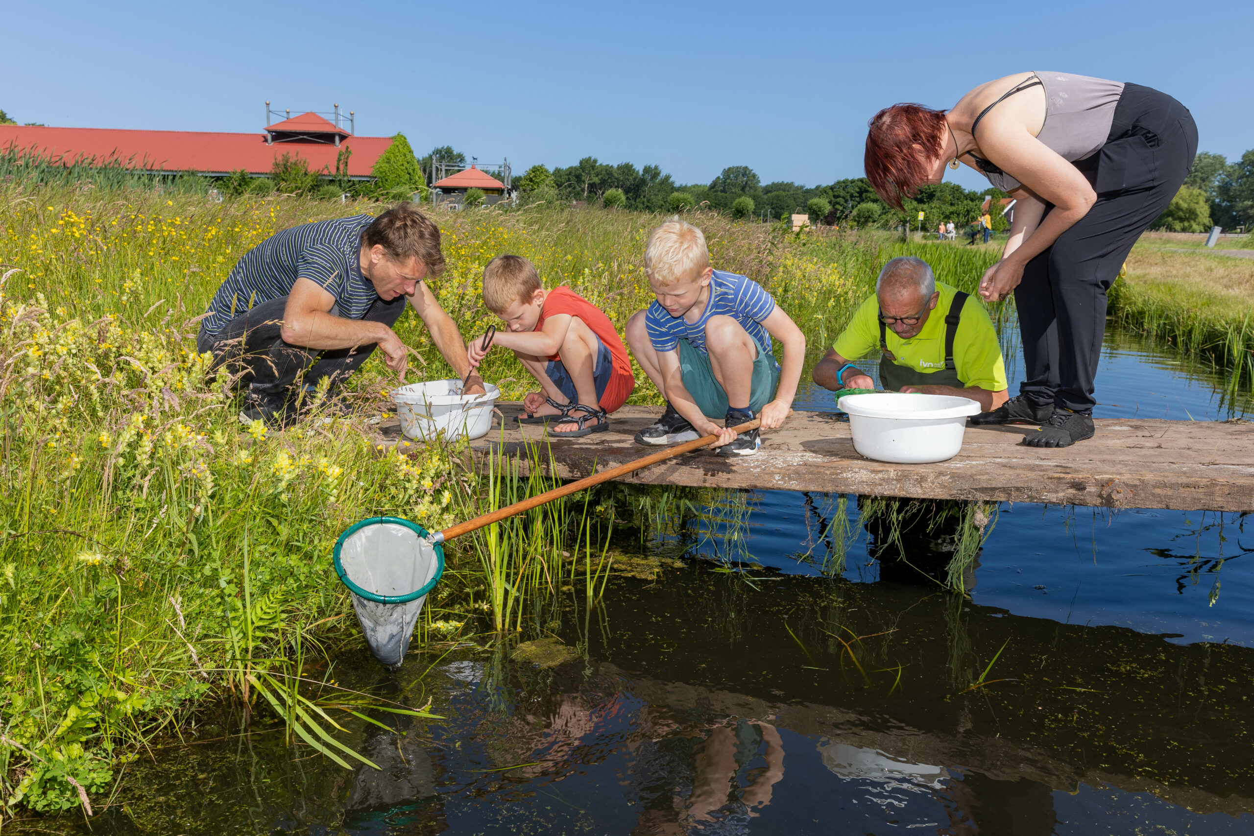 Kinderen en volwassenen onderzoeken waterleven vanaf een brug in een bloemenrijke omgeving.