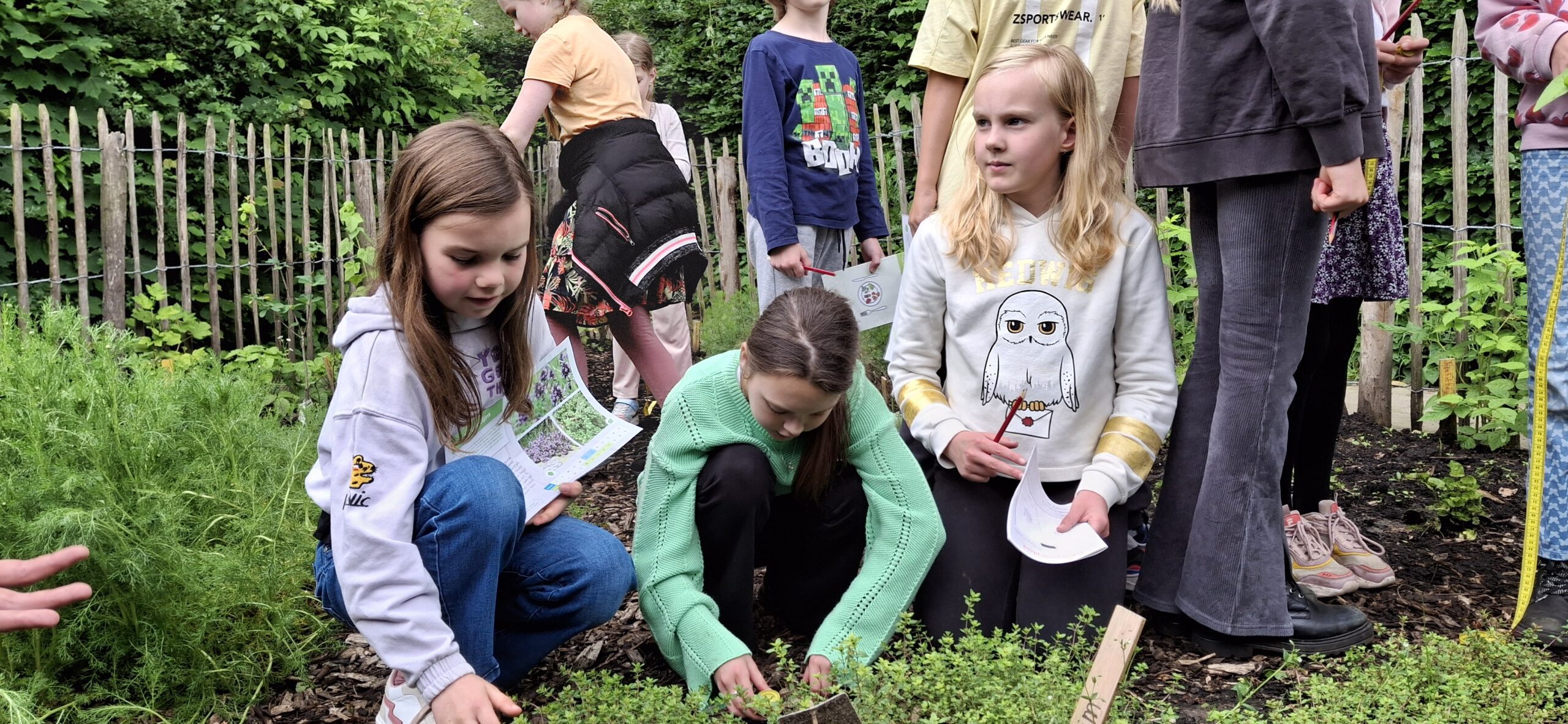 Kinderen onderzoeken en werken in een tuin met planten en meetlinten.