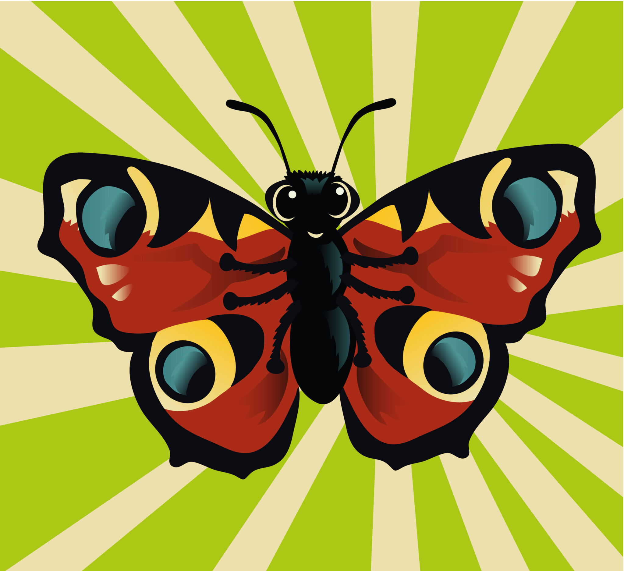 Een kleurrijke vlinder met rode en zwarte vleugels op een groen-geel gestreepte achtergrond.