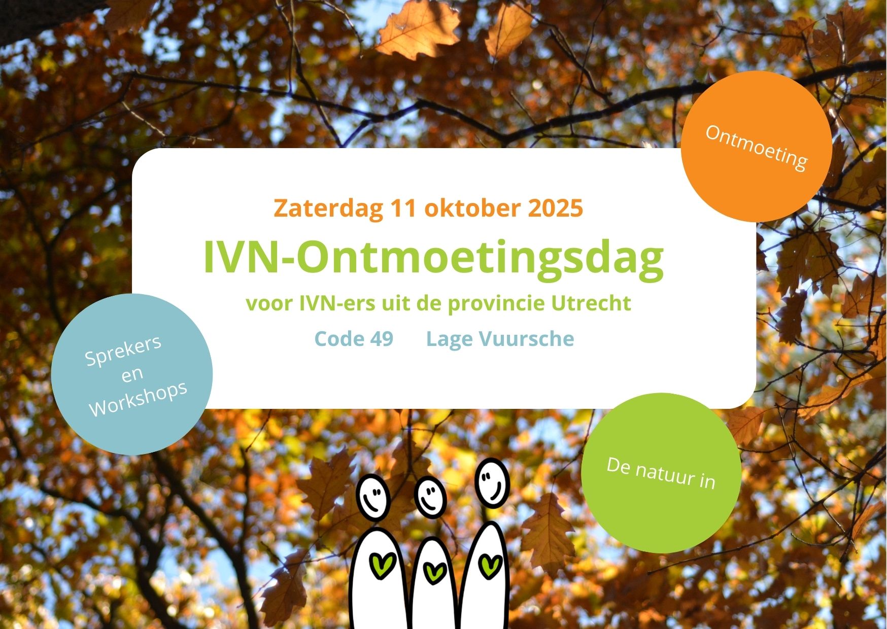 Herfstblaadjes met tekst over de IVN-Ontmoetingsdag op 11 oktober 2025 in Lage Vuursche.