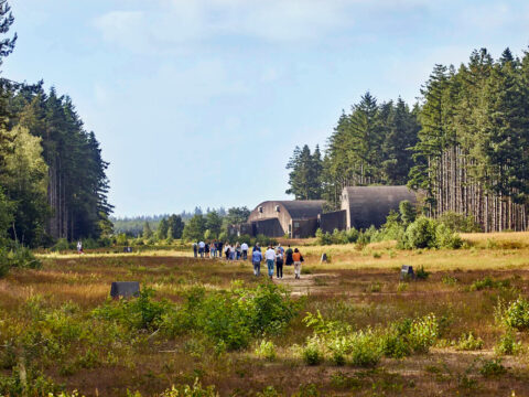 Groep mensen loopt naar bunkers in een open veld, omringd door bos.