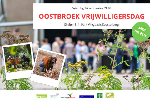 "Poster voor Oostbroek Vrijwilligersdag met natuurbeelden, datum en locatie-informatie."