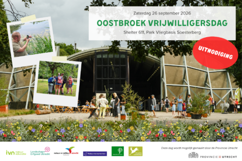 Uitnodiging voor Oostbroek Vrijwilligersdag bij Shelter 611, Park Vliegbasis Soesterberg, met foto's en logo's.