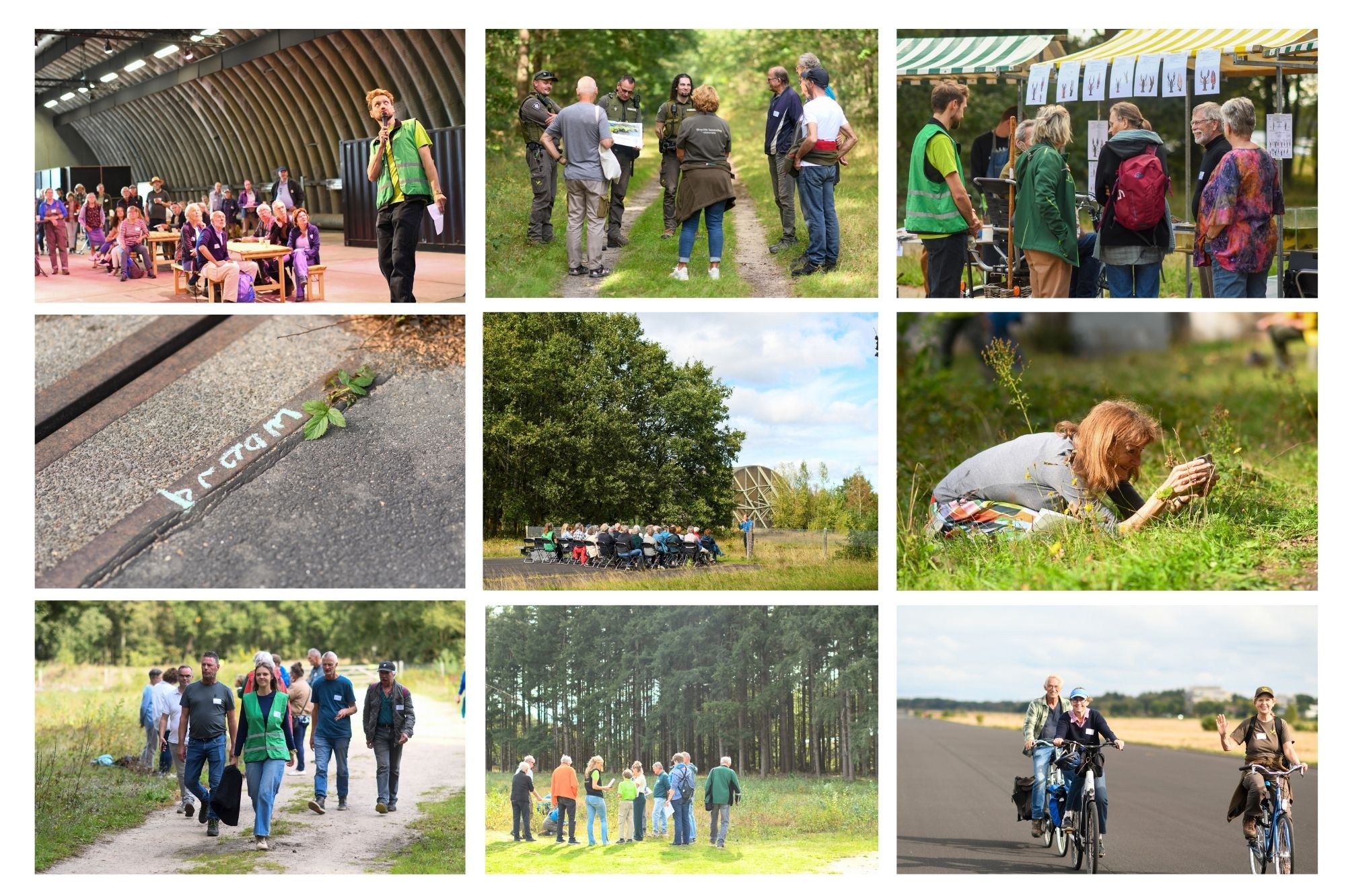 Collage van buitenactiviteiten: groepen mensen, een spreker, fietsers, en plantenobservatie.
