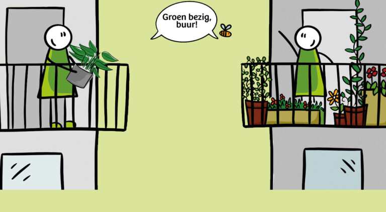 Twee buren op balkons met planten, één zegt: 