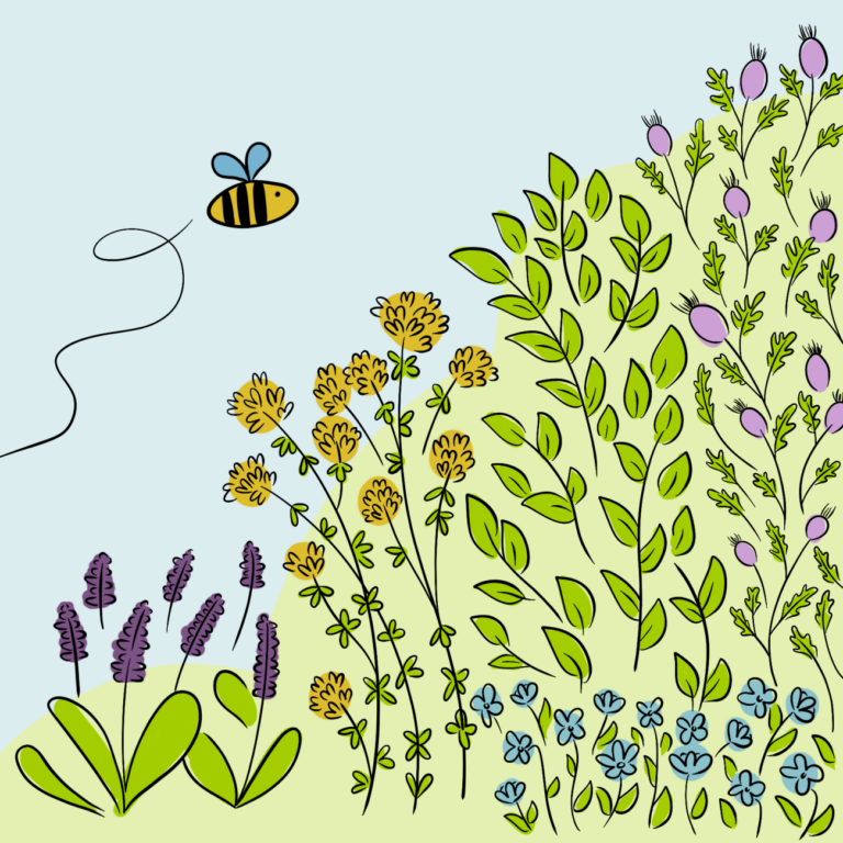 Illustratie van een bij die boven een bloemenveld met diverse soorten bloemen zweeft.