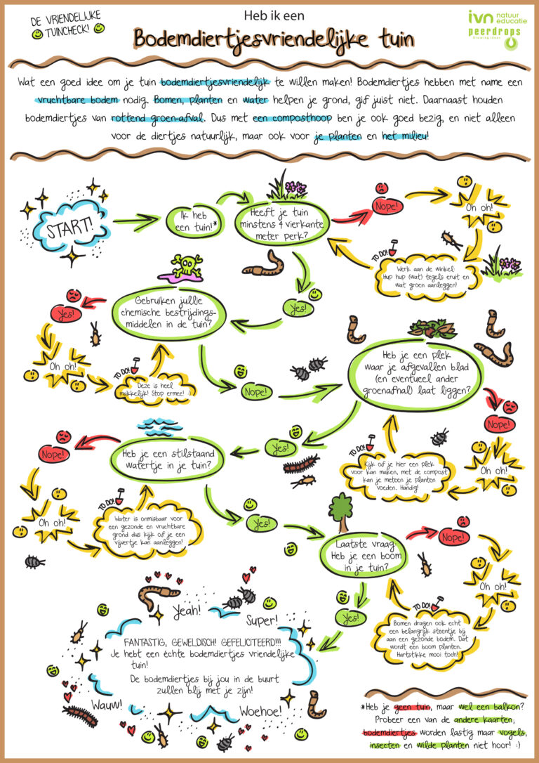 Diagram over het maken van een bodemdierenvriendelijke tuin, met stappen en illustraties.