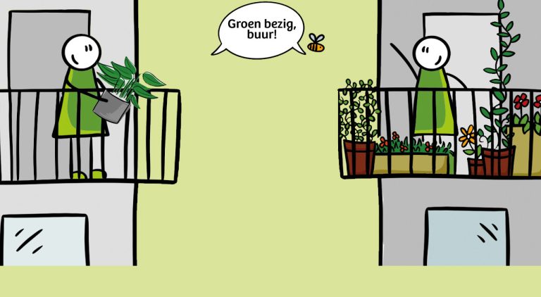 Twee buren op balkons met planten; één zegt: 