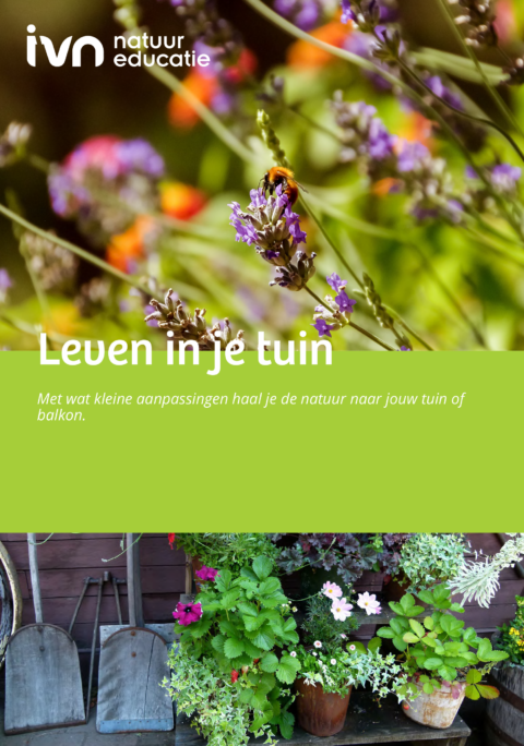 Bloemen met bij, tuingereedschap, planten; tekst: "Leven in je tuin - natuur naar jouw tuin of balkon."