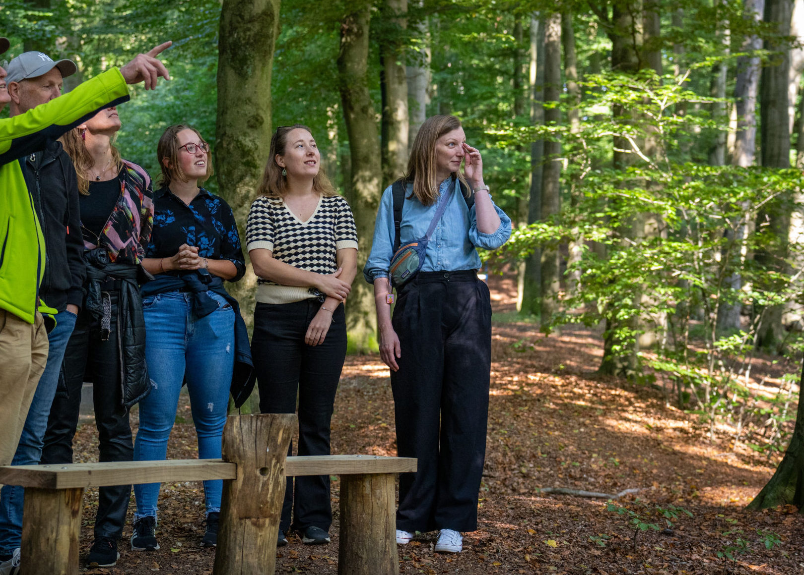 Groep mensen in het bos, wijzen en kijken omhoog, omringd door bomen en herfstbladeren.