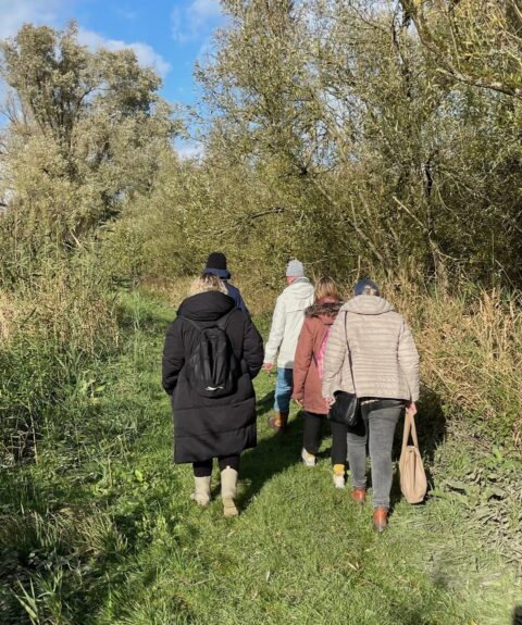 Een groep mensen wandelt samen op een graspad omringd door bomen.