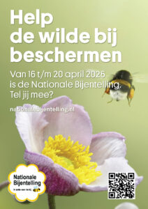 Poster met oproep om van 16-20 april 2026 wilde bijen te tellen; bloem en bijenillustratie.