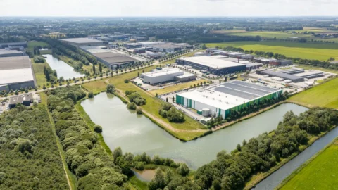 Luchtfoto van een industriegebied omgeven door groen en waterwegen.