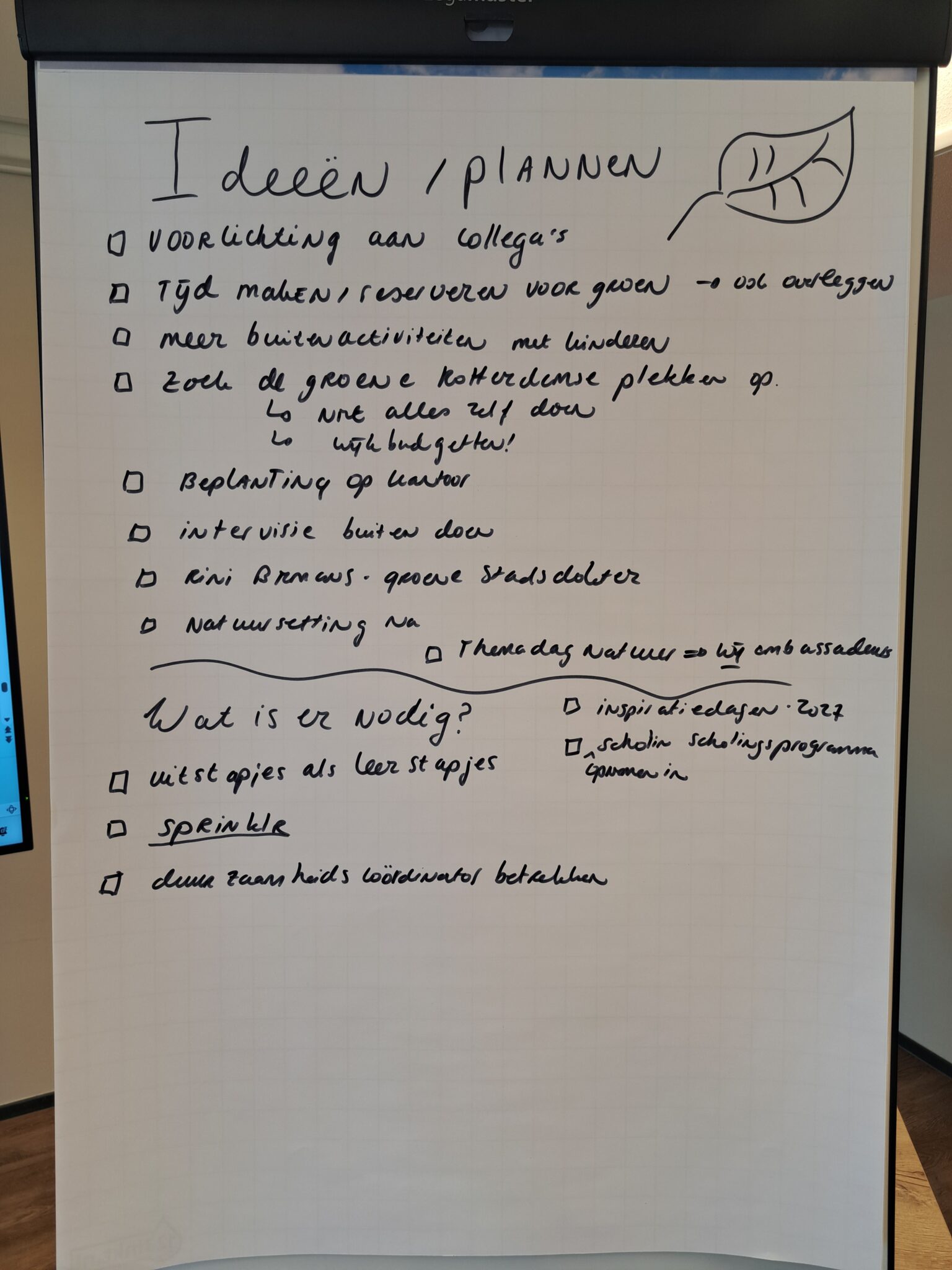 Een flip-over met een to-do lijst van groene ideeën en benodigde middelen voor verduurzaming.