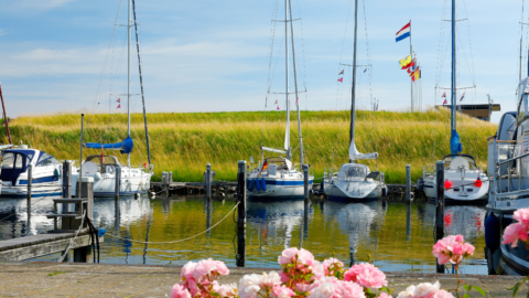 Zeilboten aangemeerd in een rustige haven met helderblauwe lucht en vlaggen wapperend in de wind.