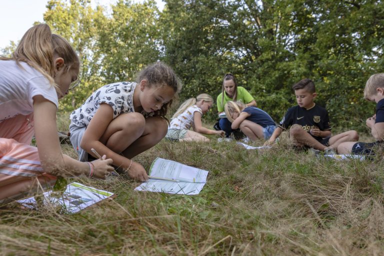 Kinderen studeren buiten met werkboeken op gras onder bomen.