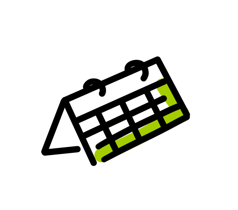 Illustratie van een staande kalender met groene en zwarte accenten.