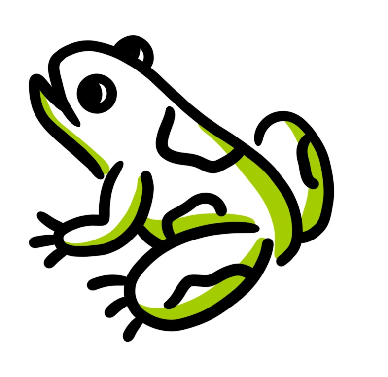 Illustratie van een kikker met zwarte lijnen en groene accenten op een witte achtergrond.