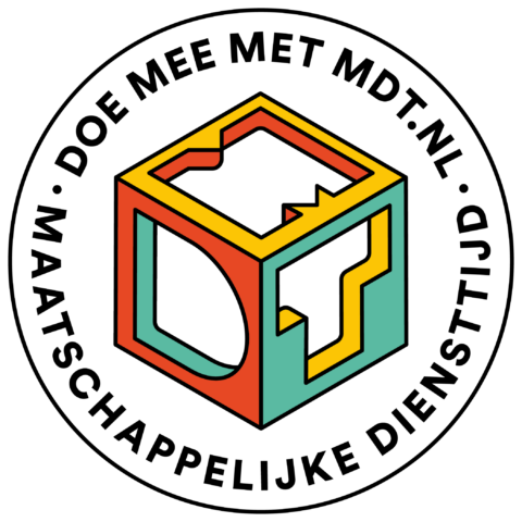 Logo met kleurrijke kubus en tekst: "Doe mee met MDT.nl - Maatschappelijke Diensttijd".