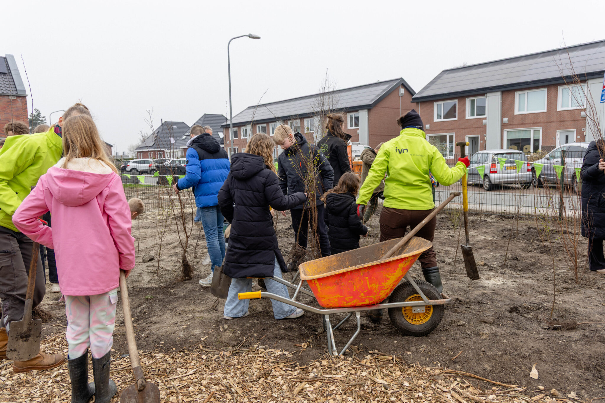 Mensen planten bomen in een woonwijk met schoppen en een kruiwagen.