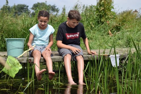 Twee kinderen met hengels zitten op een brug, voeten bungelend boven het water, omgeven door gras.