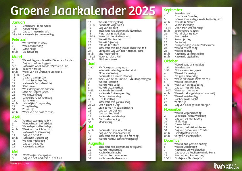 Groene Jaarkalender 2025 met milieudagen per maand, tegen kleurrijke bloemachtergrond.
