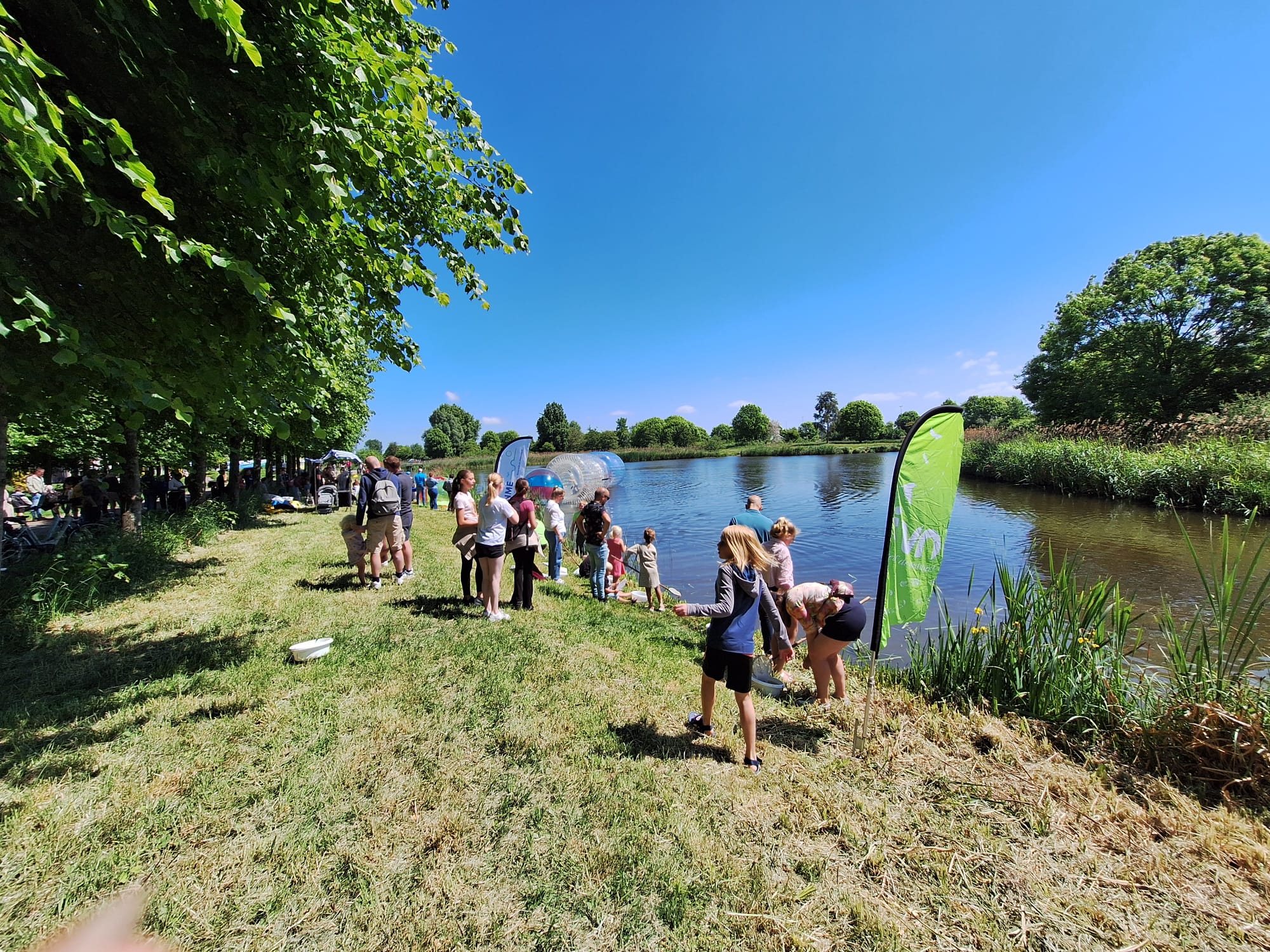 Mensen verzamelen zich bij een zonnige vijver met bomen aan de linkerkant.