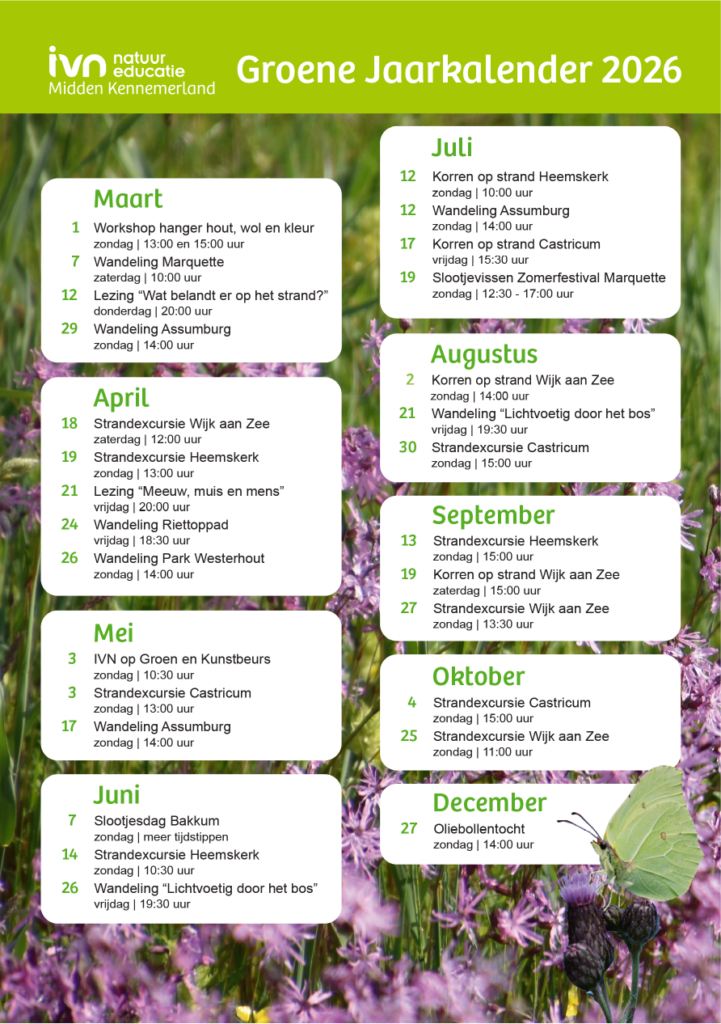 Groene Jaarkalender 2026 met maandelijkse natuuractiviteiten rond Midden Kennemerland.