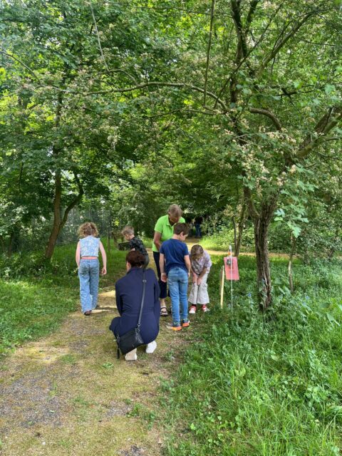Groep kinderen en volwassenen onderzoekt een bordje op een groen pad in het bos.