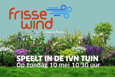 Poster voor een evenement van Frisse Wind in de IVN-tuin op zondag 10 mei om 10.30 uur.
