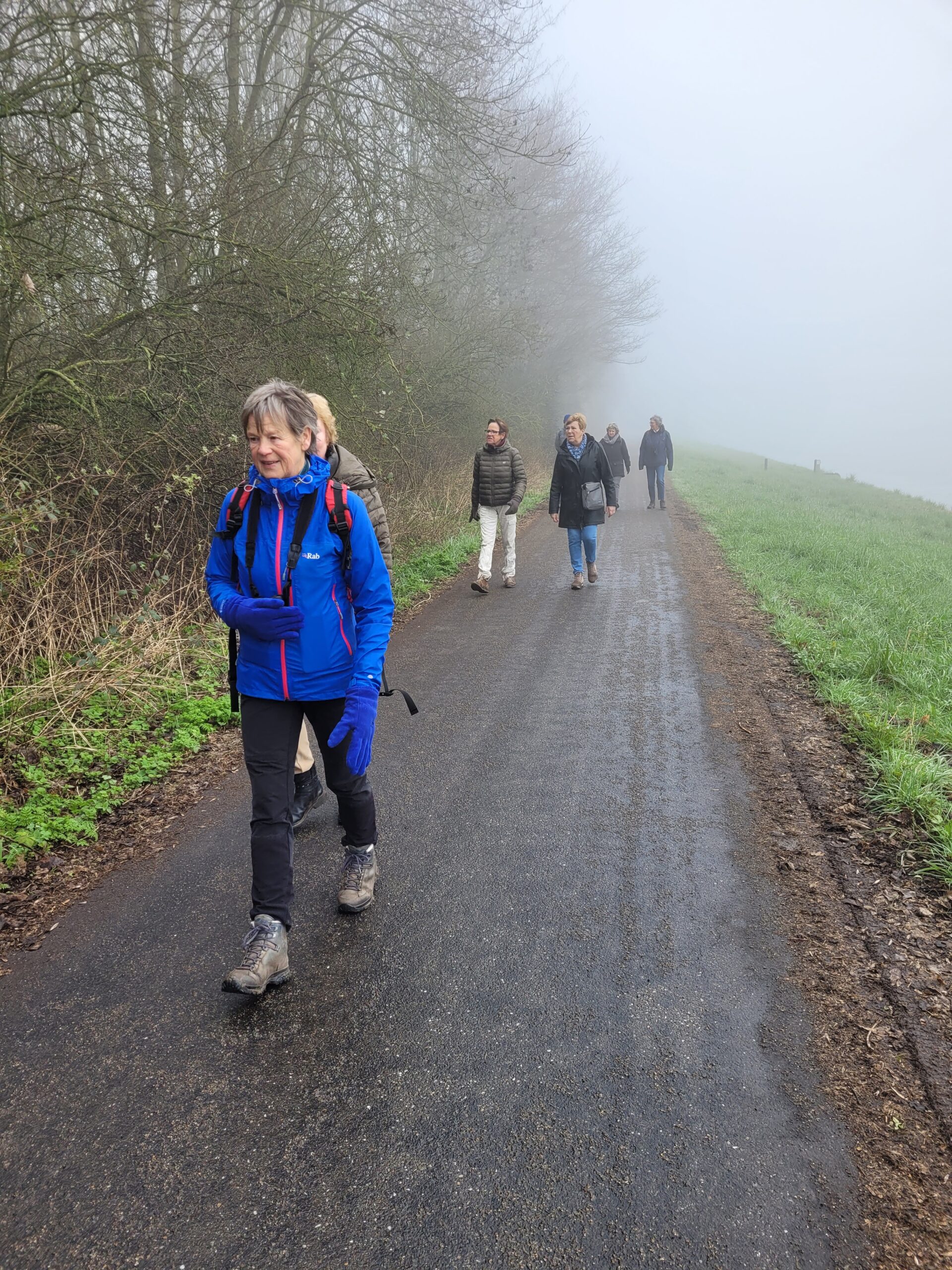 Wandelaars in blauwe jassen lopen op een mistig pad langs bomen en gras.
