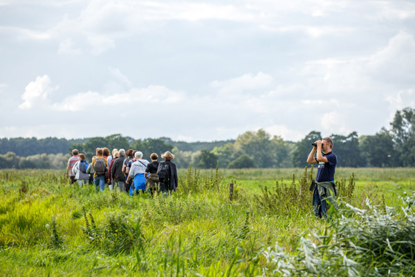 Mensen wandelen in een groen veld; een persoon kijkt met een verrekijker naar links.