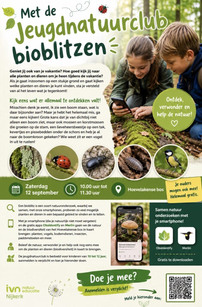 Flyer voor jeugdclub bioblitz in Hoevelakense bos, met foto's van natuur en insecten.