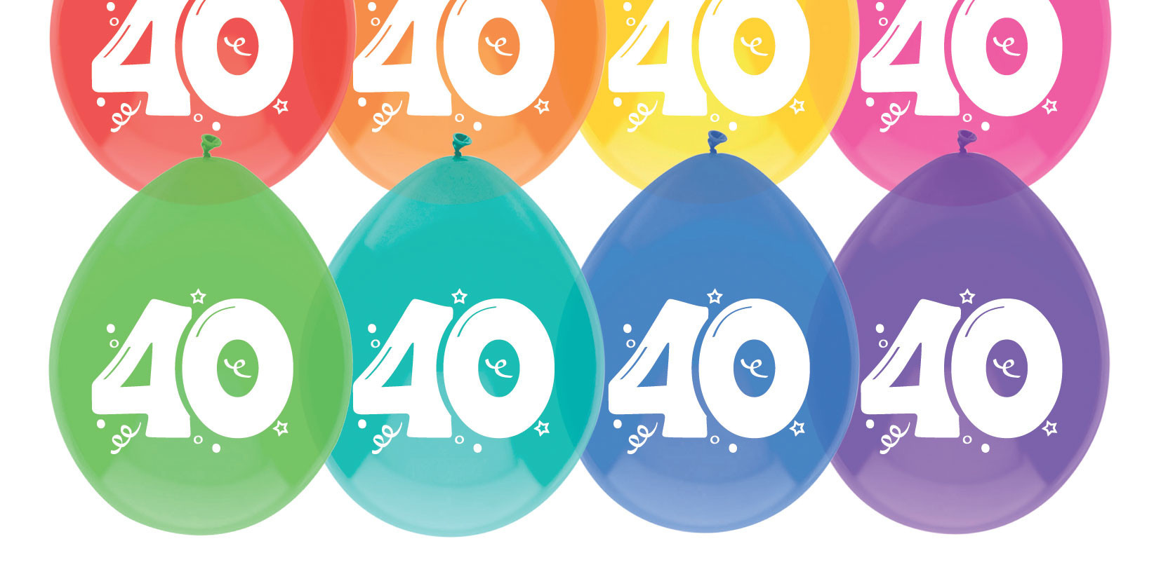 Acht veelkleurige ballonnen met het getal '40' en feestversieringen erop.