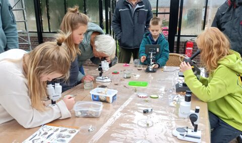 Kinderen en een volwassene gebruiken microscopen om natuurvoorwerpen te onderzoeken aan een tafel.