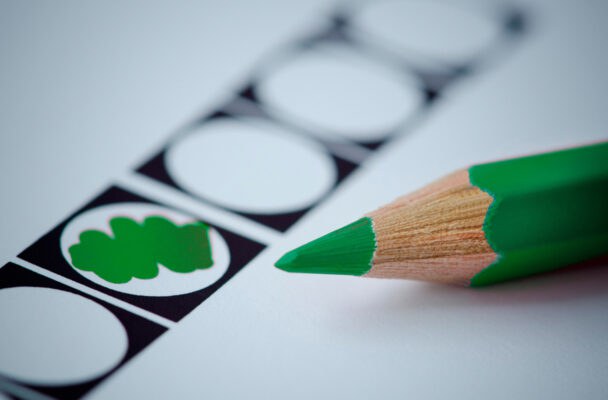 Groen potlood naast stemvak met groen blad ingevuld, symboliseert milieuvriendelijk stemmen.